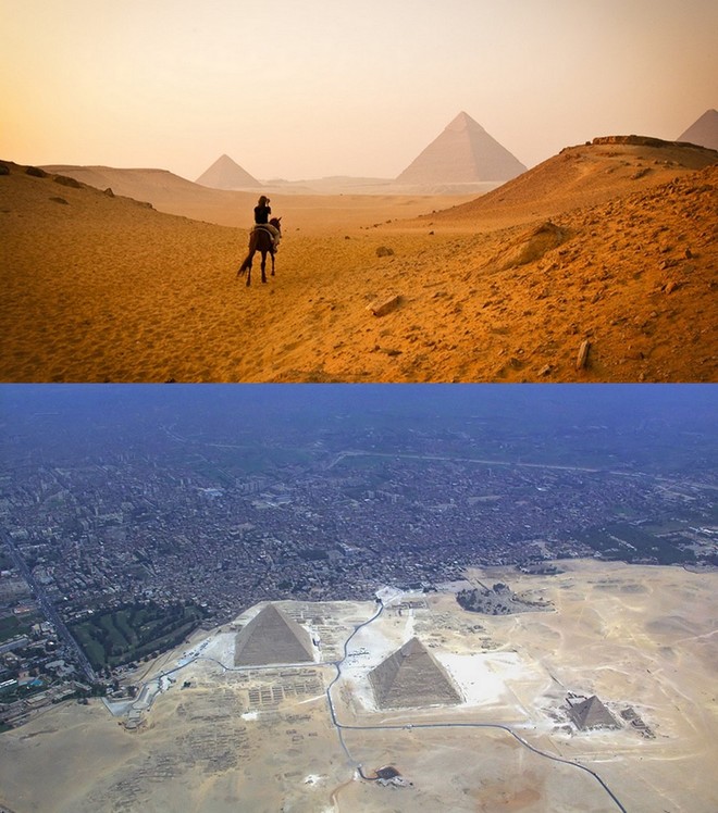 Vẻ đẹp huyền bí của Kim Tự Tháp ở Ai Cập với những bãi cát nóng bỏng bỗng biến mất khi được ngắm từ trên cao. Thay vào đó là sự trơ trọi và trống trải của những khối hình trên nền đất rộng.