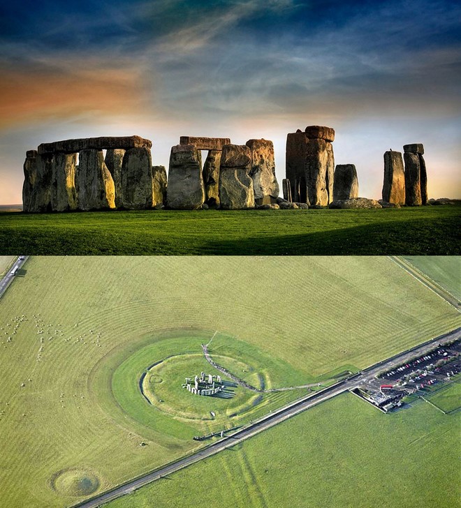 Bạn sẽ khó có thể nhận ra bãi đá cổ Stonehenge - công trình tượng đài cự thạch nổi tiếng ở Anh khi chiêm ngưỡng từ xa. Bởi ở góc độ này, những hòn cự thạch chỉ như những viên đá li ti nằm giữa thảo nguyên xanh rộng lớn.