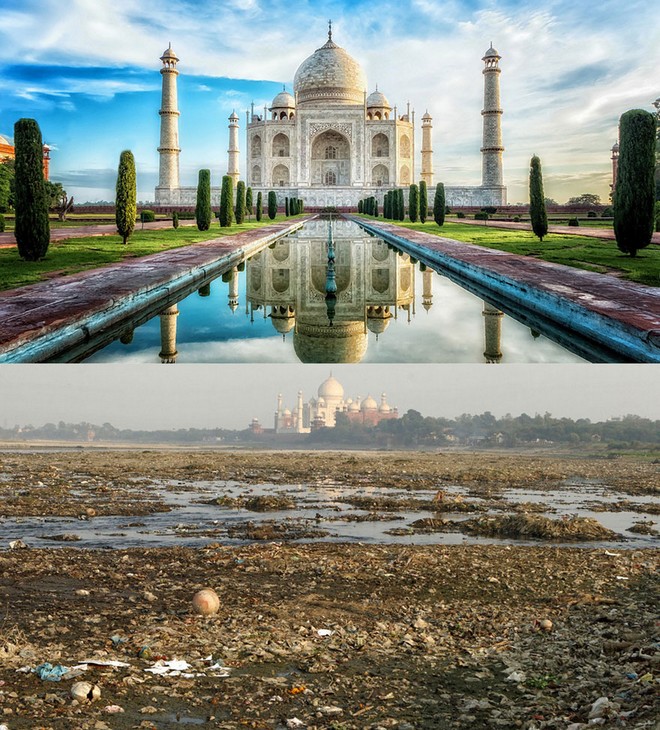Những ai từng trầm trồ, ngưỡng mộ vẻ đẹp lung linh của ngôi đền Taj Mahal, Ấn Độ chắc hẳn sẽ thất vọng khi thấy khung cảnh đối lập là một bãi rác ngập ngụa phía xa xa.