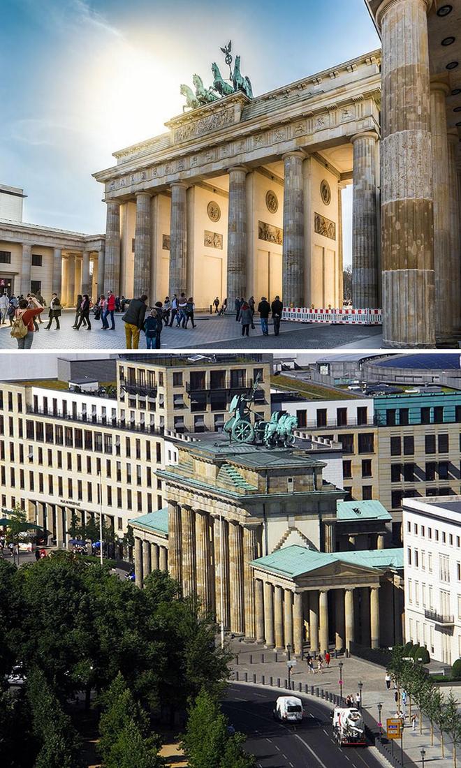 Cổng Brandenburg được biết đến là biểu tượng của thành phố Berlin, Đức, thu hút rất nhiều du khách với vẻ đẹp ấn tượng của kiến trúc tân cổ điển. Tuy nhiên, nếu quan sát từ xa, công trình nổi tiếng thế giới này dường như bị hòa lấp vào những tòa nhà cao tầng xung quanh.
