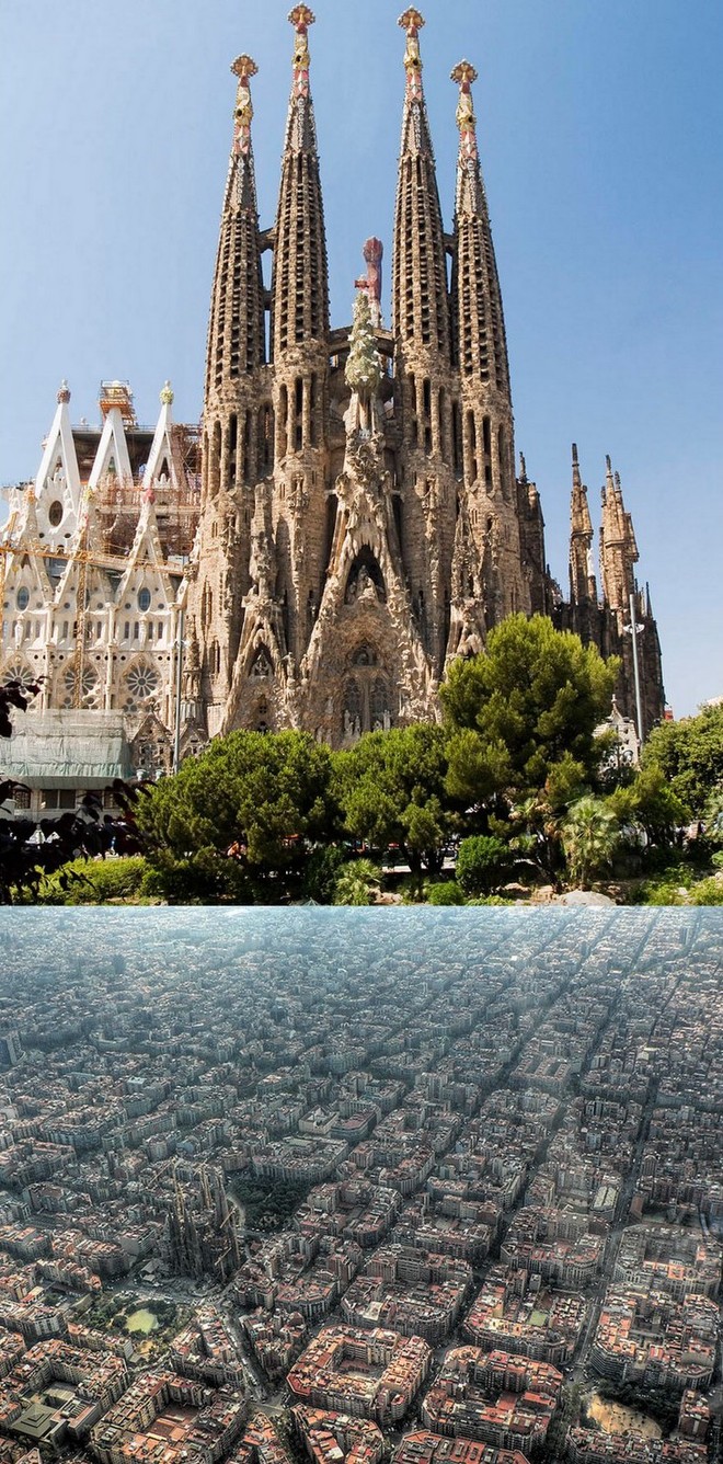 Dù được xây dựng trên một khoảng đất rộng nhưng việc nằm giữa các toà nhà cao tầng quy hoạch vuông vức, khiến kiến trúc nguy nga của nhà thờ Công giáo La Sagrada Familia ở Barcelona, biểu tượng của Tây Ban Nha trở nên mờ nhạt khi nhìn từ trên cao.
