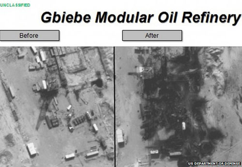 Hình ảnh nhà máy lọc dầu Gbiebe trước (trái) và sau cuộc không kích của Mỹ. Ảnh: US Department of Defense