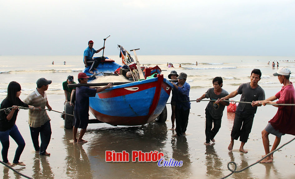 Sau một đêm giăng lưới, buông câu, ngư dân giúp nhau kéo thuyền lên bờ để chuẩn bị cho chuyến đánh bắt hôm sau.