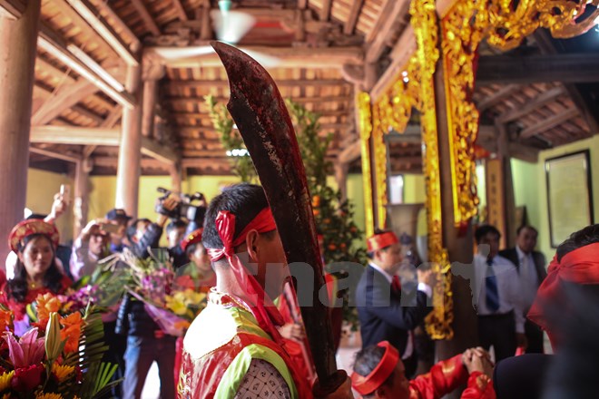  Đ&uacute;ng 12 giờ, sau tiếng k&ecirc;u eng &eacute;c rất lớn của hai &lsquo;cụ ỉn&rsquo; cất l&ecirc;n, hai thủ đao bước ra. Kh&ocirc;ng c&ograve;n cảnh gh&ecirc; rợn trước mặt người xem v&agrave; thay v&agrave;o đ&oacute; l&agrave; những vệt m&aacute;u tr&ecirc;n hai thanh đao. (Ảnh: Minh Sơn/Vietnam+)