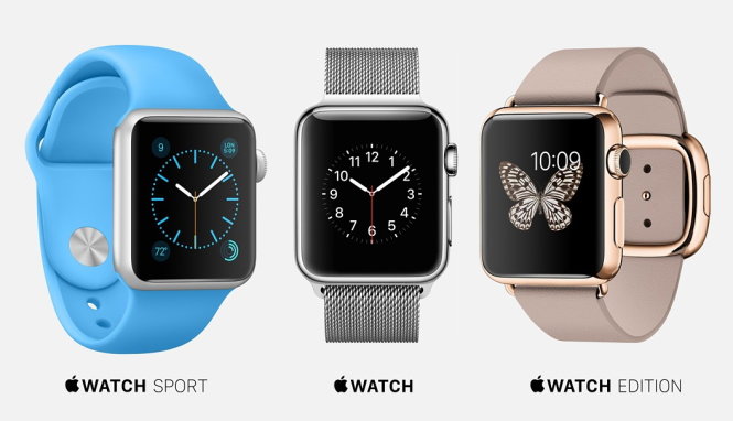 Ba phiên bản đồng hồ thông minh (smartwatch) của Apple, từ trái sang: Apple Watch Sport, Apple Watch và Apple Watch Edition - Ảnh: Apple