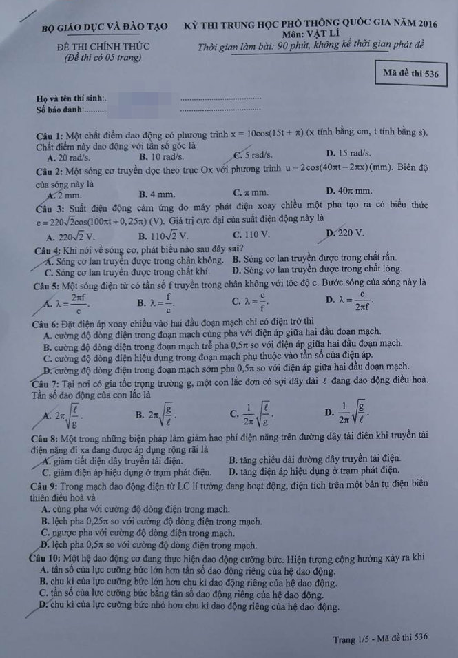 Đề thi, bài giải môn Vật lý THPT quốc gia 2016