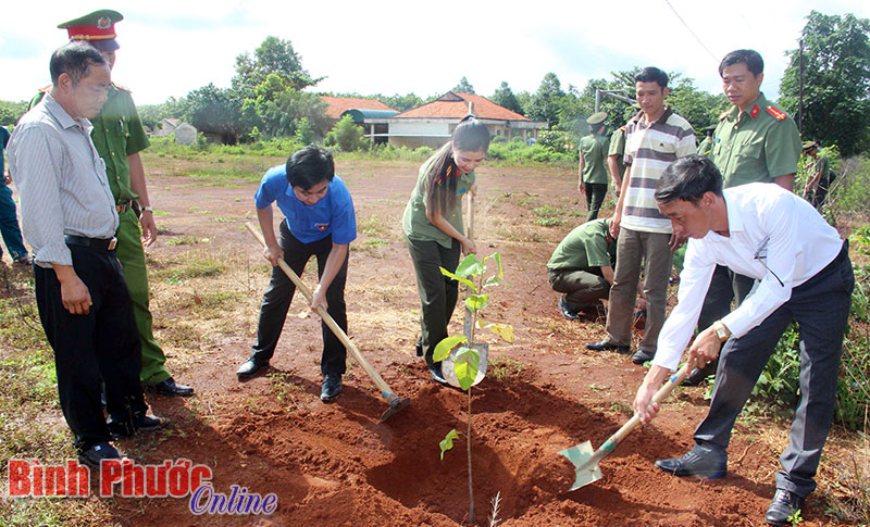 Đoàn viên thanh niên Công an tỉnh và xã Thanh Hòa trồng 50 cây sao, dầu bảo vệ môi trường xung quanh sân vận động