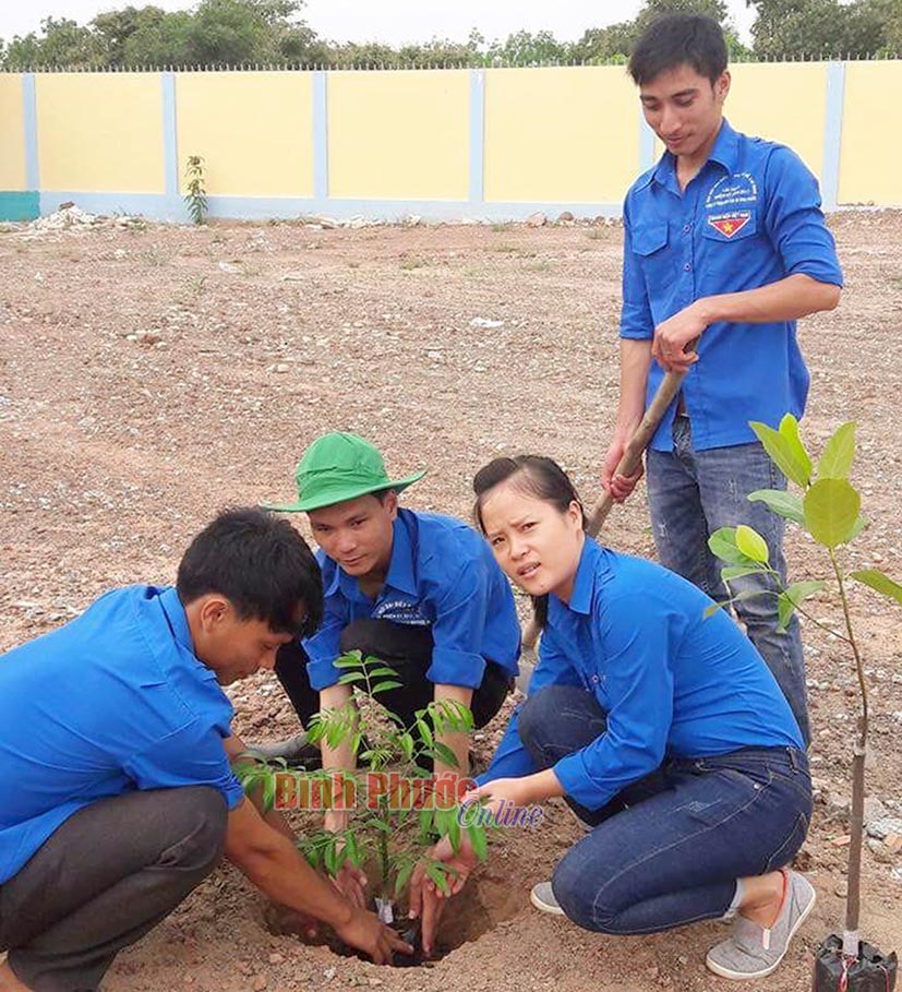 Đoàn viên thanh niên trồng cây tại Trường mầm non Tân Tiến.