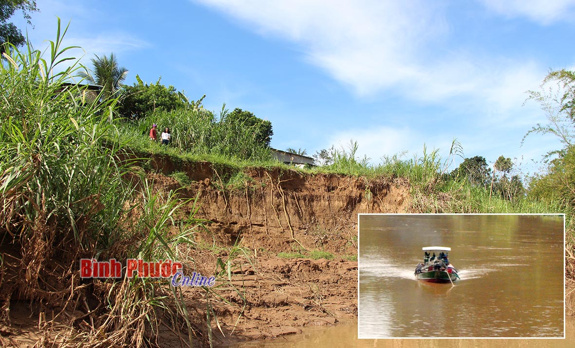Đất sản xuất của gia đình chị Nguyễn Thị Ngọc Dung ở thôn 6, xã Đăng Hà (Bù Đăng) bị sạt lở do hút cát gây ra (ảnh lớn). Tàu hút cát trên sông Đồng Nai (ảnh nhỏ, T.Mảng)