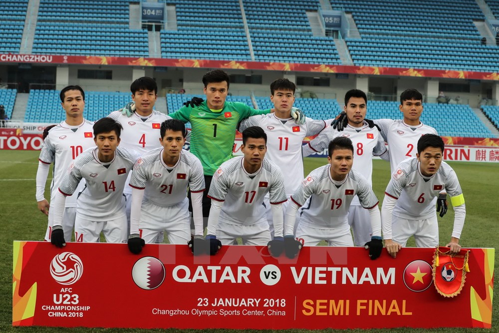 Đội U23 Việt Nam trước trận bán kết gặp U23 Qatar. (Nguồn: THX/TTXVN)
