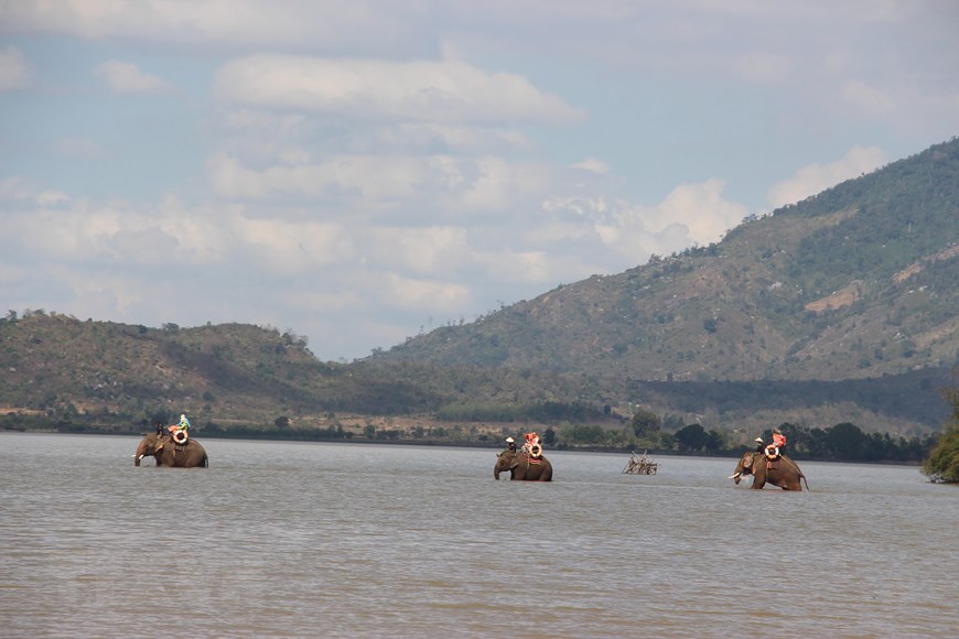  Du khách cưỡi voi dạo Hồ Lắk. (Ảnh: Nguyễn Tuấn Anh/TTXVN)