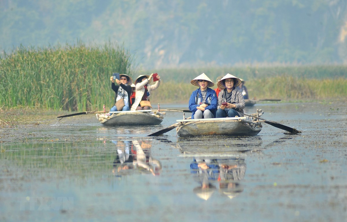 Du khách trong và ngoài nước tham quan khu bảo tồn thiên nhiên đất ngập nước Vân Long bằng thuyền. (Ảnh: Minh Đức/TTXVN)