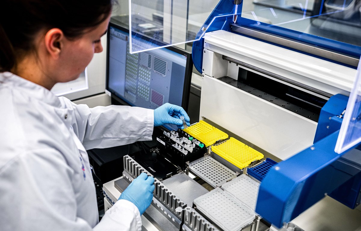Nhân viên y tế phân tích mẫu bệnh phẩm của bệnh nhân nhiễm COVID-19 tại một phòng thí nghiệm ở Roosendaal, Hà Lan. (Ảnh: AFP/TTXVN)