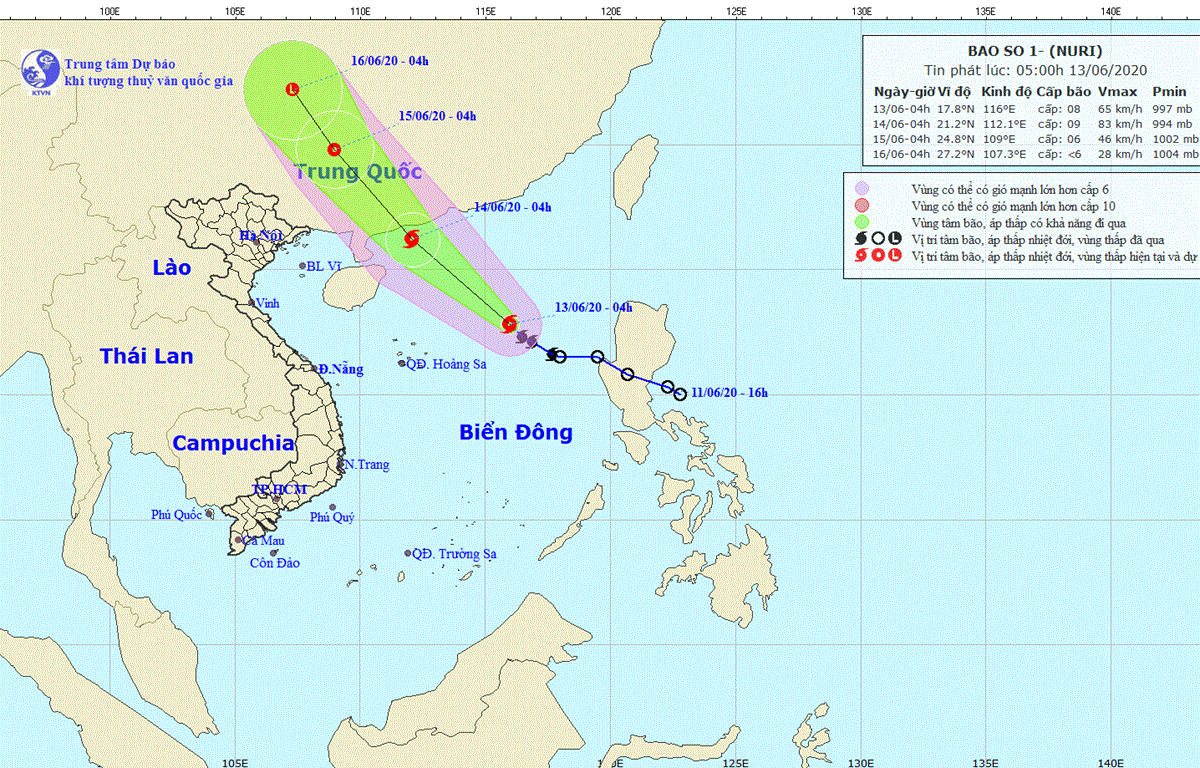 Hướng đi của cơn bão. (Nguồn: nchmf.gov.vn)