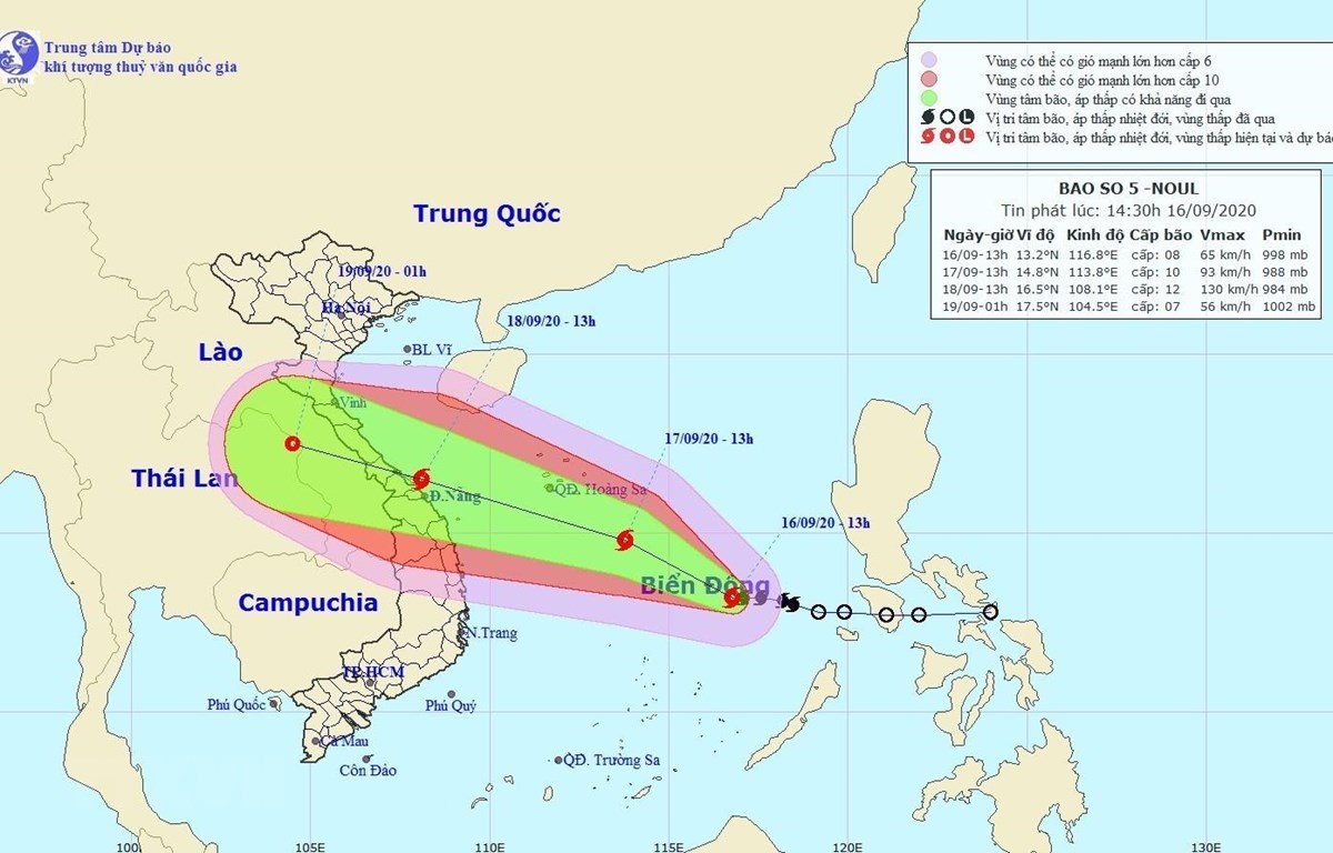 Bản đồ đường đi của Bão số 5. (Ảnh: TTXVN phát)