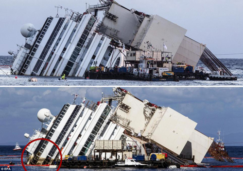 Để "cứu t&agrave;u", người ta sử dụng 9 hệ thống bơm thủy lực c&ugrave;ng với 4 đoạn c&aacute;p chịu lực l&ecirc;n tới 11.000 tấn. Sau khi hệ thống bơm khởi động, con t&agrave;u đ&atilde; được n&acirc;ng l&ecirc;n từ từ.