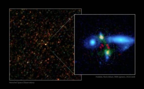 Thiên hà khổng lồ nằm giữa 2 thiên hà đang va vào nhau