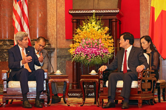 Chủ tịch nước Trương Tấn Sang tiếp ngoại trưởng Mỹ John Kerry s&aacute;ng 7-8 - Ảnh: Việt Dũng