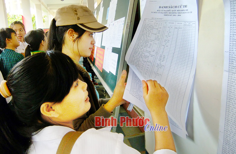 Sinh vi&ecirc;n Trường cao đẳng Sư phạm B&igrave;nh Phước xem danh s&aacute;ch cử tri trước kỳ bầu cử đại biểu Quốc hội kh&oacute;a XIII v&agrave; HĐND c&aacute;c cấp nhiệm kỳ 2011-2016 - Ảnh: Sỹ H&ograve;a