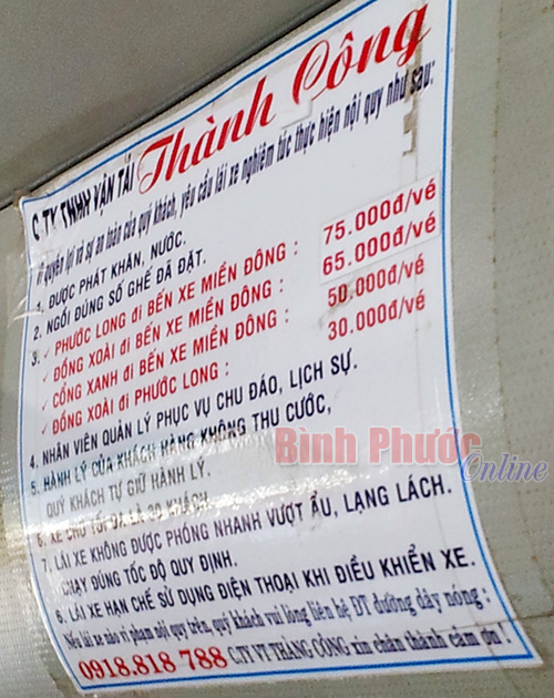 Bảng giá cước vận tải của Công ty TNHH Thành Công ngày 9-3