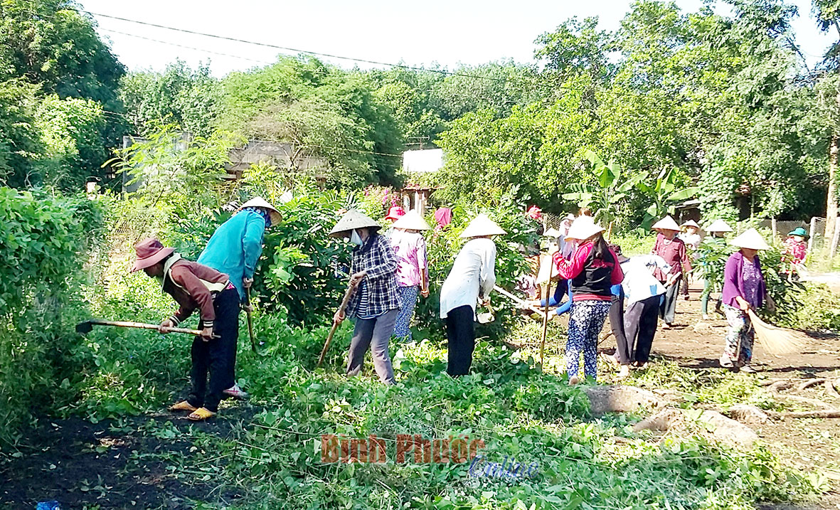 Hội viên phụ nữ ấp Thanh Sơn, xã Thanh An ra quân dọn vệ sinh môi trường 
