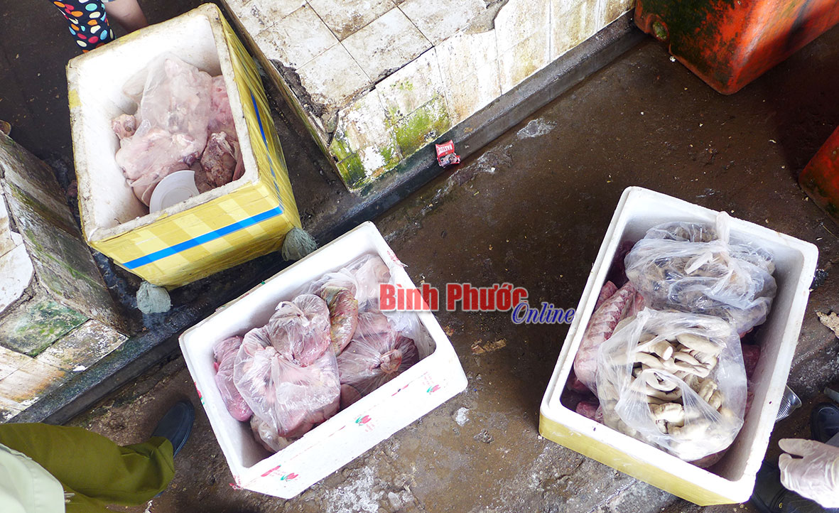 Thịt heo, nội tạng heo, trâu, bò và cá biển ôi thiu đựng trong các thùng xốp, khay nhựa tại khu nhà lồng chợ cá