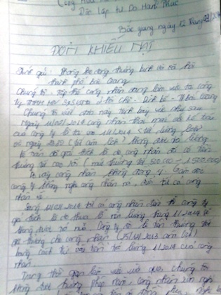 Đơn khiếu nại của công nhân Công ty TNHH MTV S&S Vina gửi Phòng LĐ&TBXH TP Bắc Giang.