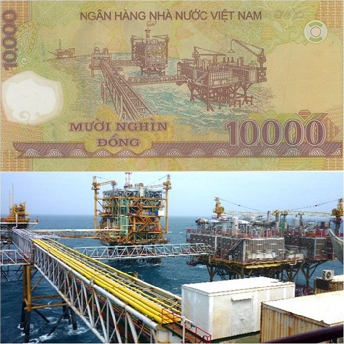 Những giàn khoan dầu trên biển của mỏ dầu Bạch Hổ được tái hiện trên mặt sau của tờ tiền 10.000 đồng polime. Bạch Hổ thuộc bồn trũng Cửu Long, cách bờ biển Vũng Tàu 145km, trữ lượng khoảng 300 triệu tấn và được khai thác thương mại từ giữa năm 1986.