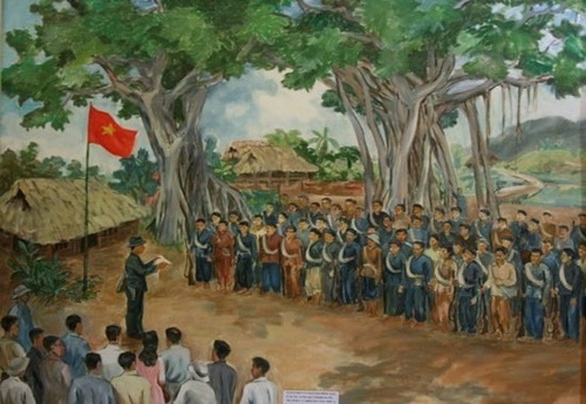 Bức họa lễ xuất qu&acirc;n của 34 chiến sỹ Giải ph&oacute;ng qu&acirc;n tại c&acirc;y đa T&acirc;n Tr&agrave;o 8-1945