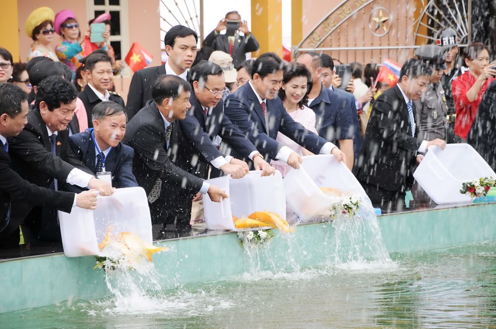 Đo&agrave;n đại biểu cấp cao hai nước tiến h&agrave;nh nghi lễ thả 79 con c&aacute; v&agrave;ng, tượng trưng cho số tuổi của B&aacute;c v&agrave;o hồ sen trước khu tưởng niệm. (Ảnh: Sơn Nam/Vietnam+)
