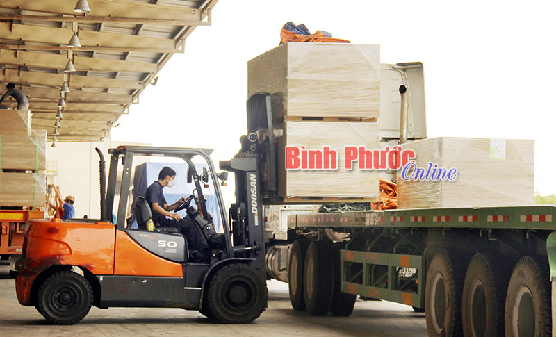Sản phẩm gỗ của Nhà máy chế biến gỗ MDF VRG Dongwha (Khu công nghiệp Minh Hưng III, huyện Chơn Thành) được đóng gói chuẩn bị xuất khẩu - Ảnh: Hải Châu