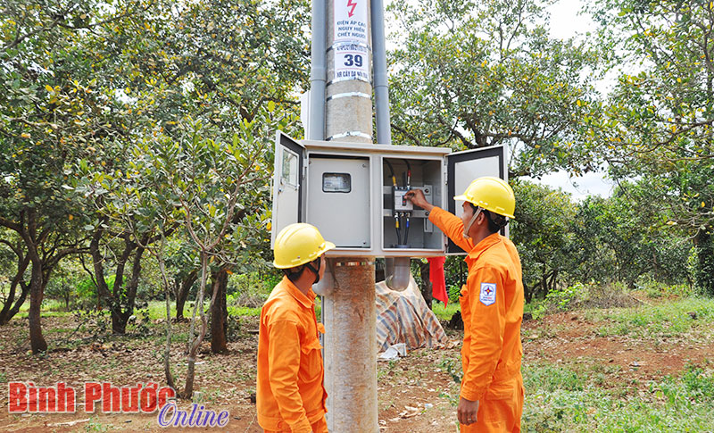 Công nhân Điện lực Bù Gia Mập đóng điện chính thức đưa vào vận hành đường dây trung hạ áp 12,7KV thôn Cây Da, xã Phú Văn