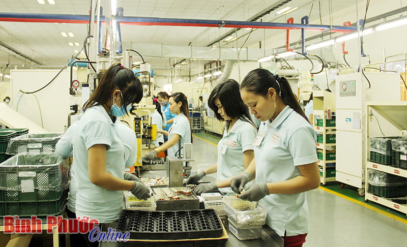Công nhân Công ty INFAC VINA (Khu công nghiệp Minh Hưng - Hàn Quốc) trong giờ làm việc - Ảnh: Hải Châu