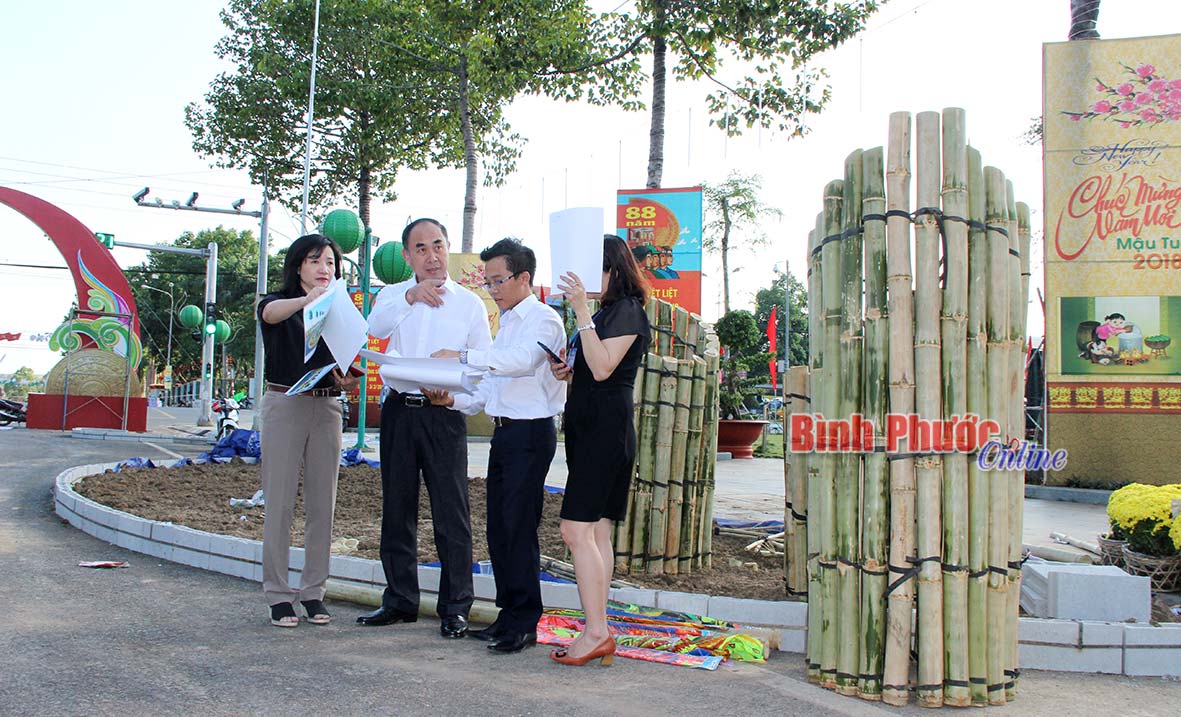 Ph&oacute; chủ tịch Nguyễn Tiến Dũng kiểm tra đường hoa xu&acirc;n tại Quảng trường 23-3