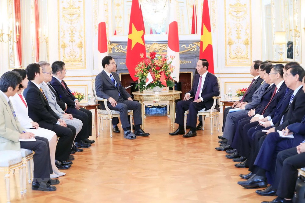 Chủ tịch nước Trần Đại Quang tiếp Chủ tịch Đảng Cộng sản Nhật Bản Kazuo Shii. (Ảnh: Nhan Sáng/TTXVN)