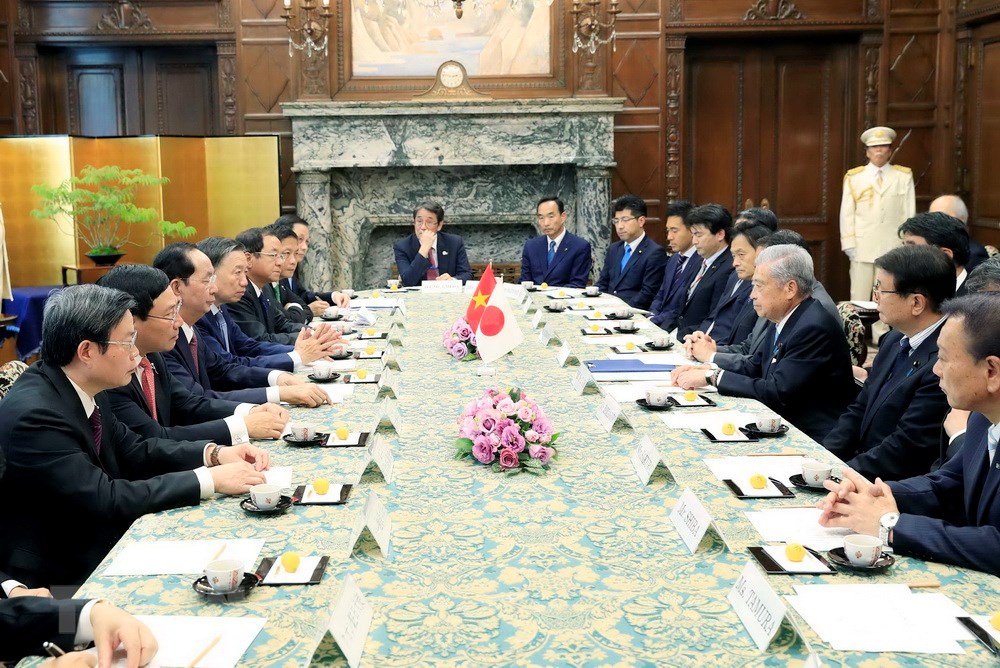 Chủ tịch nước Trần Đại Quang hội kiến với Chủ tịch Thượng viện Nhật Bản Date Chuichi. (Ảnh: Nhan Sáng/TTXVN)