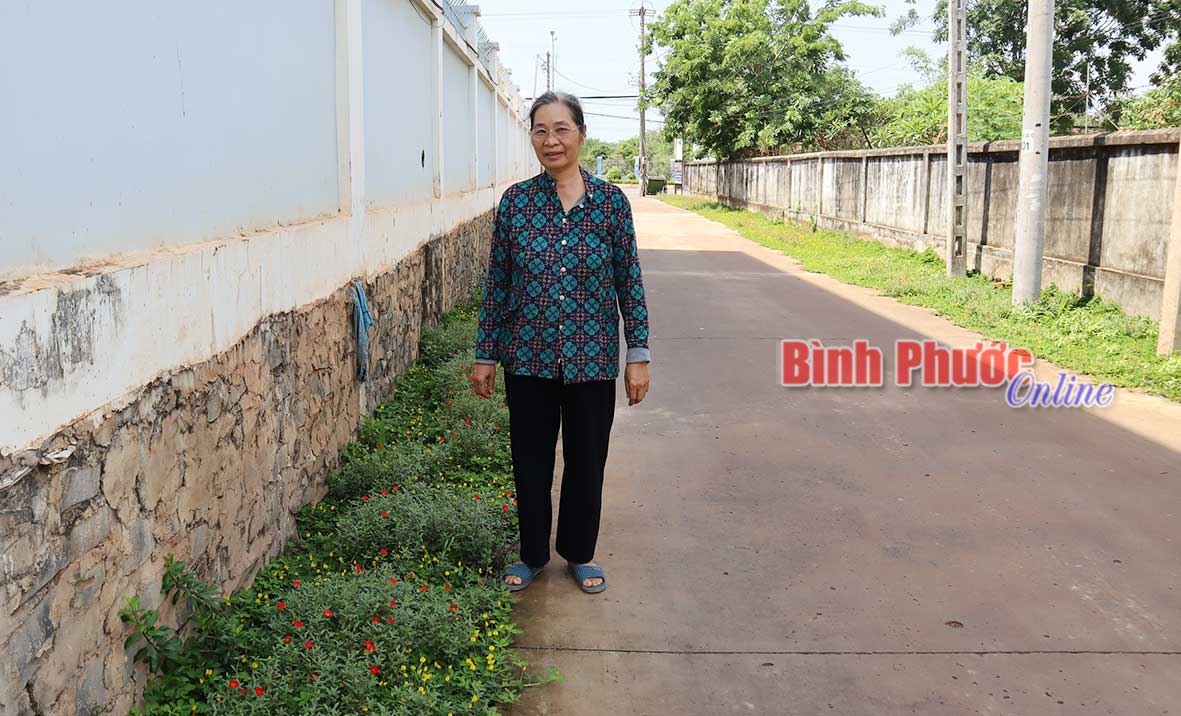 Bà Phan Thị Kim Oanh bên đường hoa xanh, sạch, đẹp trong hẻm nơi sinh sống