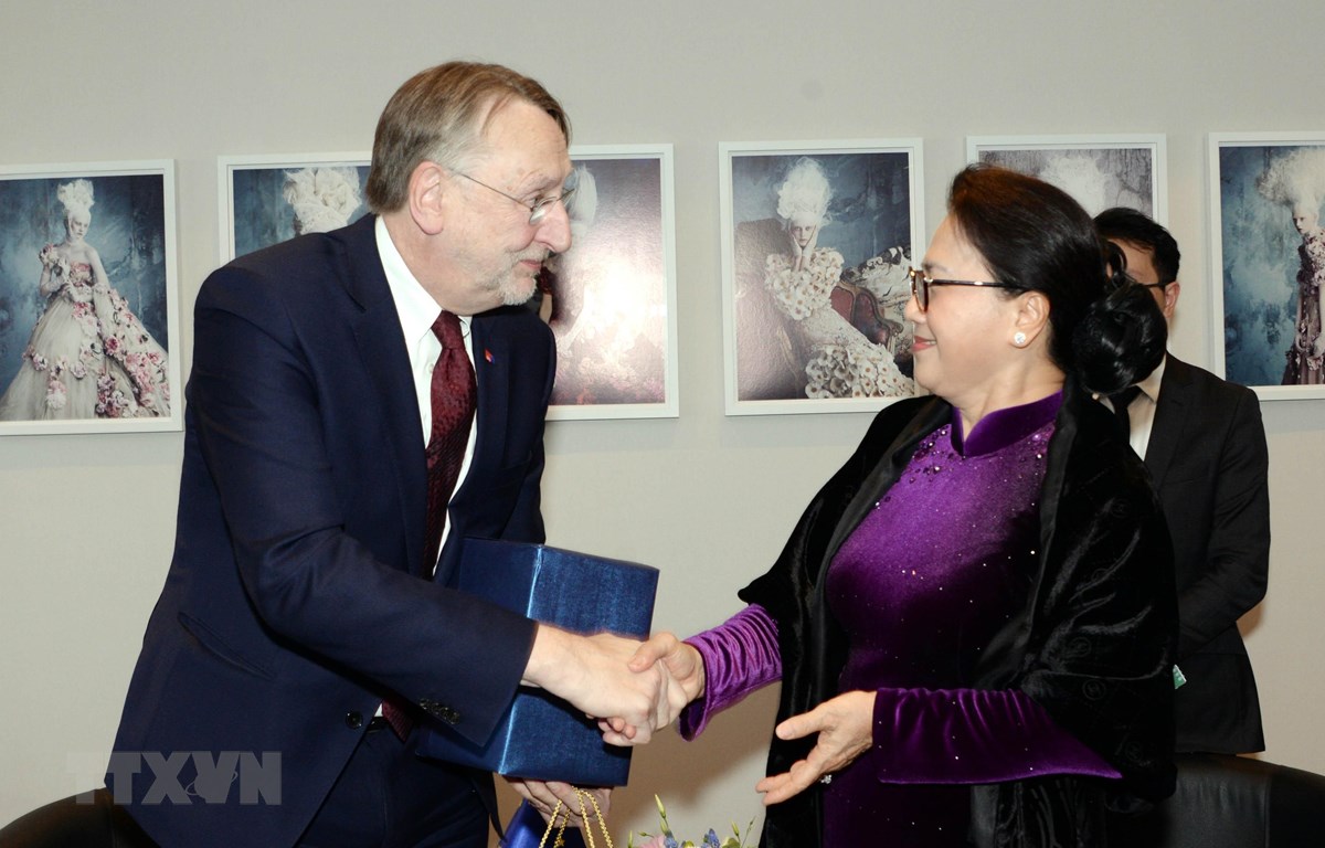 Chủ tịch Quốc hội Nguyễn Thị Kim Ng&acirc;n tiếp Chủ tịch Ủy ban Thương mại quốc tế của EP Bernd Lange. (Ảnh: Trọng Đức/ TTXVN) 