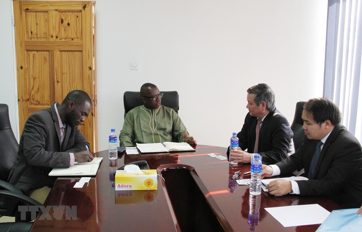 Đoàn công tác do Đại sứ Phạm Quốc Trụ dẫn đầu làm việc với Phòng Thương mại và Công nghiệp Gambia (GCCI). (Ảnh: Tấn Đạt/TTXVN)