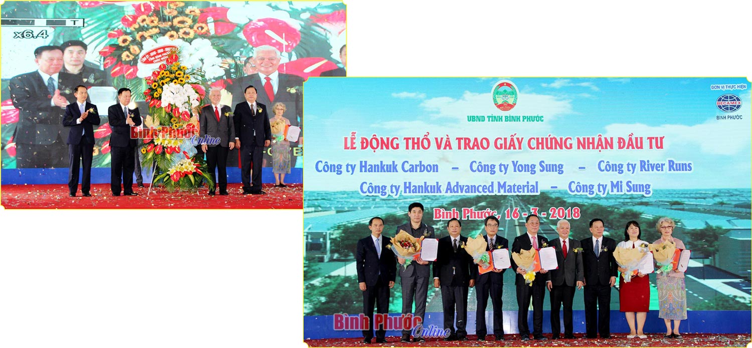 Lãnh đạo tỉnh trao giấy chứng nhận đầu tư và làm lễ khởi công xây dựng 5 dự án tại Khu công nghiệp - đô thị Becamex - Bình Phước