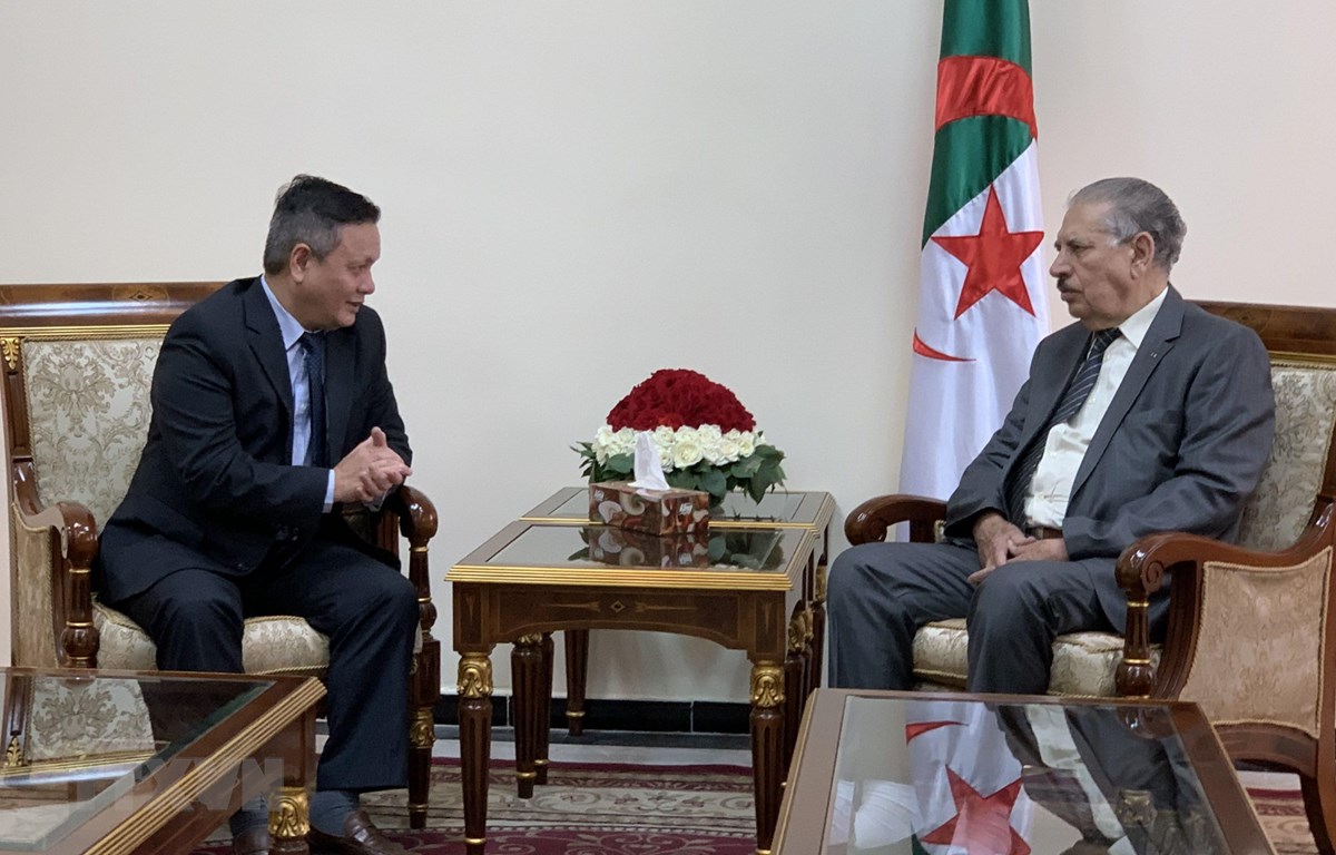 Chủ tịch Hội đồng Quốc gia Salah Goudjil (bên phải) tiếp Đại sứ Phạm Quốc Trụ tại thủ đô Algiers ngày 14/10. (Ảnh: Tấn Đạt/TTXVN/)