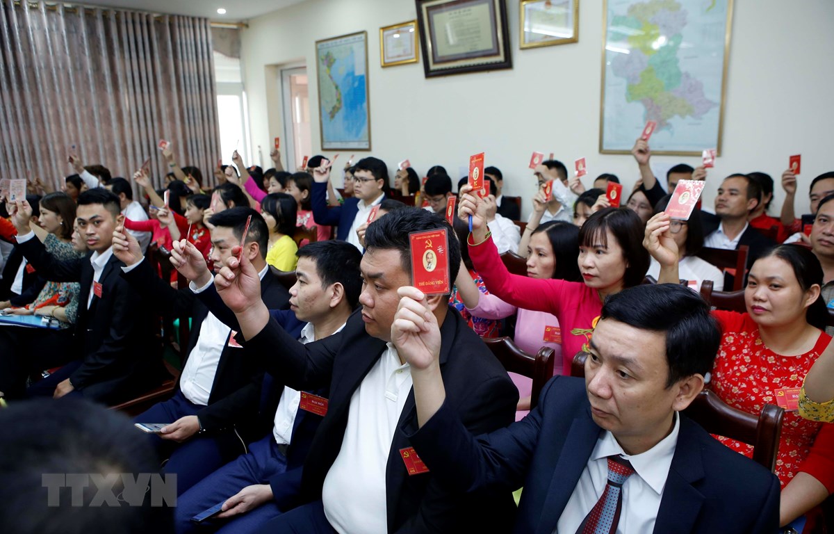 Các đại biểu biểu quyết thông qua Nghị quyết của Đại hội Đảng bộ. (Ảnh: Phạm Kiên/TTXVN)