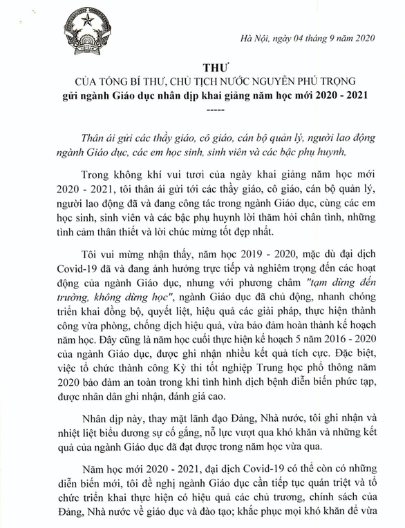 Tổng bí thư, Chủ tịch nước Nguyễn Phú Trọng gửi thư cho thầy, trò cả nước nhân khai giảng - Ảnh 2.