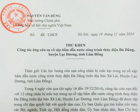 Thủ tướng khen lực lượng cứu hộ vụ sập hầm thủy điện