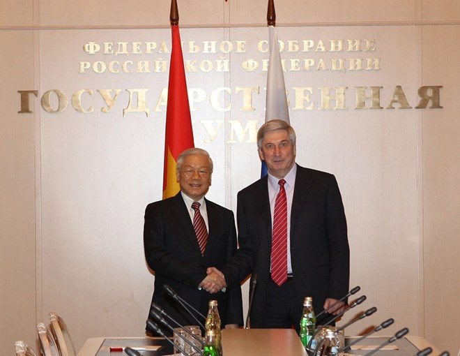 Tổng b&iacute; thư Nguyễn Ph&uacute; Trọng hội kiến l&atilde;nh đạo hai viện Quốc hội Nga