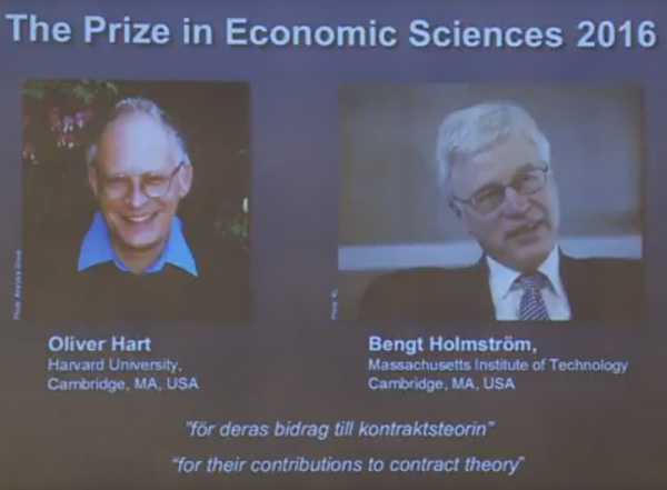 Giải Nobel kinh tế 2016 cho nghiên cứu về lý thuyết hợp đồng 