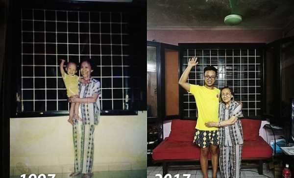 Bức ảnh b&agrave; ch&aacute;u ng&agrave;y ấy - b&acirc;y giờ c&ugrave;ng bộ quần &aacute;o cũ 20 năm vẫn mặc tốt g&acirc;y x&uacute;c động