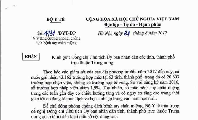 Hơn 43.000 người mắc bệnh tay chân miệng, Bộ Y tế chỉ đạo khẩn