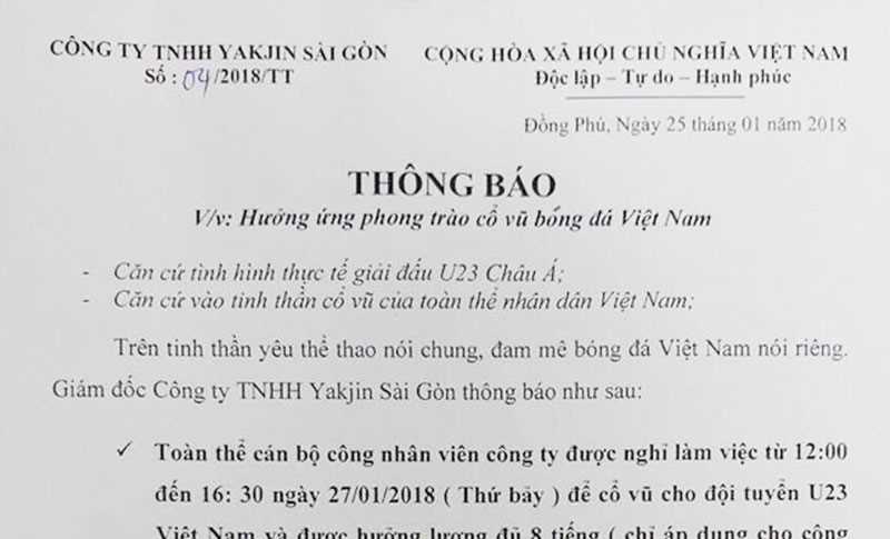 Nhiều công ty cho công nhân nghỉ làm, cổ vũ U23 Việt Nam trận chung kết