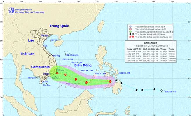 Tối 14-2, bão Sanba sẽ đi vào vùng biển Đông Nam Biển Đông